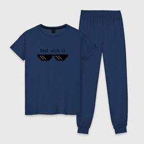 Женская пижама хлопок с принтом Очки Deal With It в Тюмени, 100% хлопок | брюки и футболка прямого кроя, без карманов, на брюках мягкая резинка на поясе и по низу штанин | 