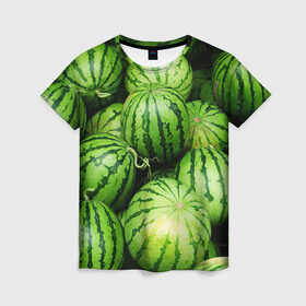 Женская футболка 3D с принтом Арбузы в Тюмени, 100% полиэфир ( синтетическое хлопкоподобное полотно) | прямой крой, круглый вырез горловины, длина до линии бедер | Тематика изображения на принте: арбуз | еда | фрукт | ягода