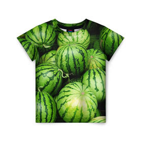Детская футболка 3D с принтом Арбузы в Тюмени, 100% гипоаллергенный полиэфир | прямой крой, круглый вырез горловины, длина до линии бедер, чуть спущенное плечо, ткань немного тянется | Тематика изображения на принте: арбуз | еда | фрукт | ягода