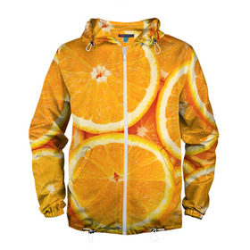 Мужская ветровка 3D с принтом Апельсин в Тюмени, 100% полиэстер | подол и капюшон оформлены резинкой с фиксаторами, два кармана без застежек по бокам, один потайной карман на груди | Тематика изображения на принте: апельсин | еда | лимон | фрукт