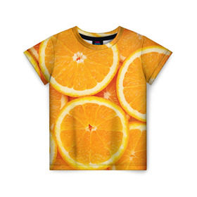 Детская футболка 3D с принтом Апельсин в Тюмени, 100% гипоаллергенный полиэфир | прямой крой, круглый вырез горловины, длина до линии бедер, чуть спущенное плечо, ткань немного тянется | апельсин | еда | лимон | фрукт