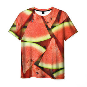 Мужская футболка 3D с принтом Дольки арбуза в Тюмени, 100% полиэфир | прямой крой, круглый вырез горловины, длина до линии бедер | Тематика изображения на принте: арбуз | дольки арбуза | еда | фрукт | ягода