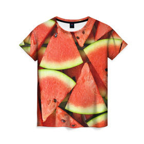 Женская футболка 3D с принтом Дольки арбуза в Тюмени, 100% полиэфир ( синтетическое хлопкоподобное полотно) | прямой крой, круглый вырез горловины, длина до линии бедер | арбуз | дольки арбуза | еда | фрукт | ягода