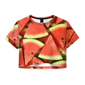 Женская футболка 3D укороченная с принтом Дольки арбуза в Тюмени, 100% полиэстер | круглая горловина, длина футболки до линии талии, рукава с отворотами | Тематика изображения на принте: арбуз | дольки арбуза | еда | фрукт | ягода