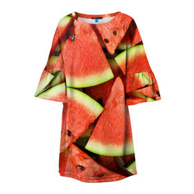Детское платье 3D с принтом Дольки арбуза в Тюмени, 100% полиэстер | прямой силуэт, чуть расширенный к низу. Круглая горловина, на рукавах — воланы | арбуз | дольки арбуза | еда | фрукт | ягода