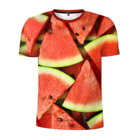 Мужская футболка 3D спортивная с принтом Дольки арбуза в Тюмени, 100% полиэстер с улучшенными характеристиками | приталенный силуэт, круглая горловина, широкие плечи, сужается к линии бедра | Тематика изображения на принте: арбуз | дольки арбуза | еда | фрукт | ягода