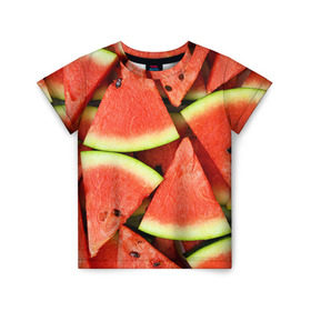 Детская футболка 3D с принтом Дольки арбуза в Тюмени, 100% гипоаллергенный полиэфир | прямой крой, круглый вырез горловины, длина до линии бедер, чуть спущенное плечо, ткань немного тянется | арбуз | дольки арбуза | еда | фрукт | ягода