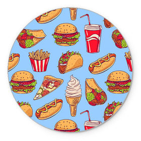 Коврик круглый с принтом Еда в Тюмени, резина и полиэстер | круглая форма, изображение наносится на всю лицевую часть | Тематика изображения на принте: гамбургер | еда | пицца | фастфуд | фри