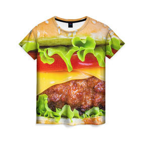 Женская футболка 3D с принтом Гамбургер в Тюмени, 100% полиэфир ( синтетическое хлопкоподобное полотно) | прямой крой, круглый вырез горловины, длина до линии бедер | бутерброд | гамбургер | еда | фастфуд | чизбургер