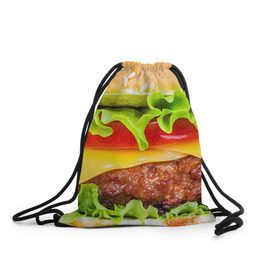 Рюкзак-мешок 3D с принтом Гамбургер в Тюмени, 100% полиэстер | плотность ткани — 200 г/м2, размер — 35 х 45 см; лямки — толстые шнурки, застежка на шнуровке, без карманов и подкладки | Тематика изображения на принте: бутерброд | гамбургер | еда | фастфуд | чизбургер