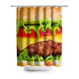 Штора 3D для ванной с принтом Гамбургер в Тюмени, 100% полиэстер | плотность материала — 100 г/м2. Стандартный размер — 146 см х 180 см. По верхнему краю — пластиковые люверсы для креплений. В комплекте 10 пластиковых колец | бутерброд | гамбургер | еда | фастфуд | чизбургер