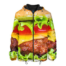 Мужская куртка 3D с принтом Гамбургер в Тюмени, ткань верха — 100% полиэстер, подклад — флис | прямой крой, подол и капюшон оформлены резинкой с фиксаторами, два кармана без застежек по бокам, один большой потайной карман на груди. Карман на груди застегивается на липучку | Тематика изображения на принте: бутерброд | гамбургер | еда | фастфуд | чизбургер