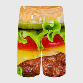 Детские спортивные шорты 3D с принтом Гамбургер в Тюмени,  100% полиэстер
 | пояс оформлен широкой мягкой резинкой, ткань тянется
 | бутерброд | гамбургер | еда | фастфуд | чизбургер