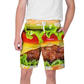 Мужские шорты 3D с принтом Гамбургер в Тюмени,  полиэстер 100% | прямой крой, два кармана без застежек по бокам. Мягкая трикотажная резинка на поясе, внутри которой широкие завязки. Длина чуть выше колен | бутерброд | гамбургер | еда | фастфуд | чизбургер