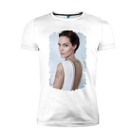Мужская футболка премиум с принтом Angelina Jolie в Тюмени, 92% хлопок, 8% лайкра | приталенный силуэт, круглый вырез ворота, длина до линии бедра, короткий рукав | Тематика изображения на принте: татуировки