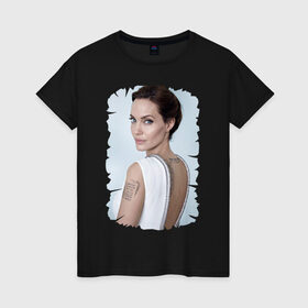 Женская футболка хлопок с принтом Angelina Jolie в Тюмени, 100% хлопок | прямой крой, круглый вырез горловины, длина до линии бедер, слегка спущенное плечо | татуировки