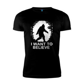 Мужская футболка премиум с принтом Хочу верить в Тюмени, 92% хлопок, 8% лайкра | приталенный силуэт, круглый вырез ворота, длина до линии бедра, короткий рукав | bigfoot | великан | йети | снежный человек