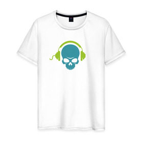Мужская футболка хлопок с принтом Череп в наушниках в Тюмени, 100% хлопок | прямой крой, круглый вырез горловины, длина до линии бедер, слегка спущенное плечо. | музыка | наушники