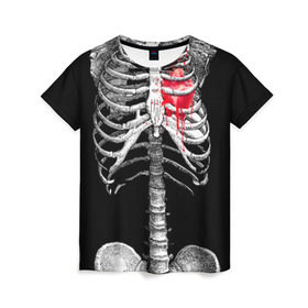 Женская футболка 3D с принтом Скелет с сердцем в Тюмени, 100% полиэфир ( синтетическое хлопкоподобное полотно) | прямой крой, круглый вырез горловины, длина до линии бедер | Тематика изображения на принте: halloween | skeleton | кровь | скелет | хэллоуин