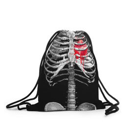 Рюкзак-мешок 3D с принтом Скелет с сердцем в Тюмени, 100% полиэстер | плотность ткани — 200 г/м2, размер — 35 х 45 см; лямки — толстые шнурки, застежка на шнуровке, без карманов и подкладки | Тематика изображения на принте: halloween | skeleton | кровь | скелет | хэллоуин
