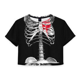Женская футболка 3D укороченная с принтом Скелет с сердцем в Тюмени, 100% полиэстер | круглая горловина, длина футболки до линии талии, рукава с отворотами | Тематика изображения на принте: halloween | skeleton | кровь | скелет | хэллоуин