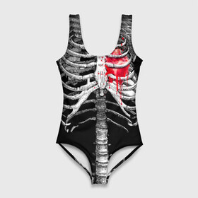 Купальник-боди 3D с принтом Скелет с сердцем в Тюмени, 82% полиэстер, 18% эластан | Круглая горловина, круглый вырез на спине | halloween | skeleton | кровь | скелет | хэллоуин