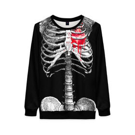 Женский свитшот 3D с принтом Скелет с сердцем в Тюмени, 100% полиэстер с мягким внутренним слоем | круглый вырез горловины, мягкая резинка на манжетах и поясе, свободная посадка по фигуре | Тематика изображения на принте: halloween | skeleton | кровь | скелет | хэллоуин