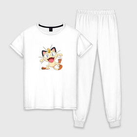Женская пижама хлопок с принтом Pokemon в Тюмени, 100% хлопок | брюки и футболка прямого кроя, без карманов, на брюках мягкая резинка на поясе и по низу штанин | kat | pokemon | анимэ | кот | мяут | покемон