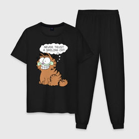 Мужская пижама хлопок с принтом Garfield Smiling Cat в Тюмени, 100% хлопок | брюки и футболка прямого кроя, без карманов, на брюках мягкая резинка на поясе и по низу штанин
 | garfield smiling cat гарфилд кот