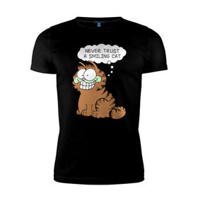 Мужская футболка премиум с принтом Garfield Smiling Cat в Тюмени, 92% хлопок, 8% лайкра | приталенный силуэт, круглый вырез ворота, длина до линии бедра, короткий рукав | garfield smiling cat гарфилд кот