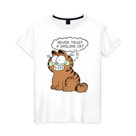 Женская футболка хлопок с принтом Garfield Smiling Cat в Тюмени, 100% хлопок | прямой крой, круглый вырез горловины, длина до линии бедер, слегка спущенное плечо | garfield smiling cat гарфилд кот