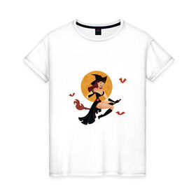 Женская футболка хлопок с принтом Ведьмочка в Тюмени, 100% хлопок | прямой крой, круглый вырез горловины, длина до линии бедер, слегка спущенное плечо | Тематика изображения на принте: 