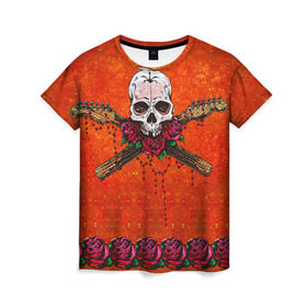 Женская футболка 3D с принтом Череп в Тюмени, 100% полиэфир ( синтетическое хлопкоподобное полотно) | прямой крой, круглый вырез горловины, длина до линии бедер | гитара | скелет