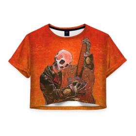 Женская футболка 3D укороченная с принтом Скелет с гитарой в Тюмени, 100% полиэстер | круглая горловина, длина футболки до линии талии, рукава с отворотами | гитара | скелет