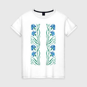 Женская футболка хлопок с принтом Василек-вышивка. Орнамент в Тюмени, 100% хлопок | прямой крой, круглый вырез горловины, длина до линии бедер, слегка спущенное плечо | русь