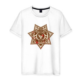 Мужская футболка хлопок с принтом The Walking Dead в Тюмени, 100% хлопок | прямой крой, круглый вырез горловины, длина до линии бедер, слегка спущенное плечо. | Тематика изображения на принте: the walking dead | значок | зомби | шериф