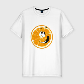 Мужская футболка премиум с принтом Веселый апельсин в Тюмени, 92% хлопок, 8% лайкра | приталенный силуэт, круглый вырез ворота, длина до линии бедра, короткий рукав | Тематика изображения на принте: апельсин | прикольная | рожа | рожица | фрукт