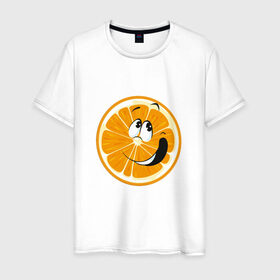 Мужская футболка хлопок с принтом Веселый апельсин в Тюмени, 100% хлопок | прямой крой, круглый вырез горловины, длина до линии бедер, слегка спущенное плечо. | апельсин | прикольная | рожа | рожица | фрукт