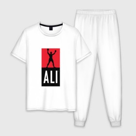 Мужская пижама хлопок с принтом Ali by boxcluber в Тюмени, 100% хлопок | брюки и футболка прямого кроя, без карманов, на брюках мягкая резинка на поясе и по низу штанин
 | muhammad ali | мухаммед али