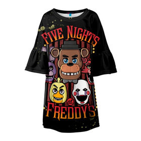 Детское платье 3D с принтом Five Nights At Freddy`s в Тюмени, 100% полиэстер | прямой силуэт, чуть расширенный к низу. Круглая горловина, на рукавах — воланы | Тематика изображения на принте: five nights at freddys | fnaf | freddy | игры | медведь | мишка | фнаф | фредди