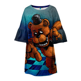 Детское платье 3D с принтом Five Nights At Freddy`s в Тюмени, 100% полиэстер | прямой силуэт, чуть расширенный к низу. Круглая горловина, на рукавах — воланы | five nights at freddys | fnaf | freddy | игры | медведь | мишка | фнаф | фредди
