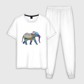 Мужская пижама хлопок с принтом Слон. Мозаика. Индия в Тюмени, 100% хлопок | брюки и футболка прямого кроя, без карманов, на брюках мягкая резинка на поясе и по низу штанин
 | индия | мозаика | слон