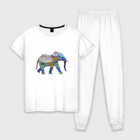 Женская пижама хлопок с принтом Слон. Мозаика. Индия в Тюмени, 100% хлопок | брюки и футболка прямого кроя, без карманов, на брюках мягкая резинка на поясе и по низу штанин | индия | мозаика | слон