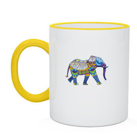 Кружка двухцветная с принтом Слон. Мозаика. Индия в Тюмени, керамика | объем — 330 мл, диаметр — 80 мм. Цветная ручка и кайма сверху, в некоторых цветах — вся внутренняя часть | индия | мозаика | слон