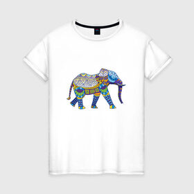 Женская футболка хлопок с принтом Слон. Мозаика. Индия в Тюмени, 100% хлопок | прямой крой, круглый вырез горловины, длина до линии бедер, слегка спущенное плечо | индия | мозаика | слон