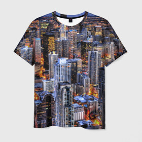 Мужская футболка 3D с принтом Вечерний город в Тюмени, 100% полиэфир | прямой крой, круглый вырез горловины, длина до линии бедер | ночь | огни | пейзаж