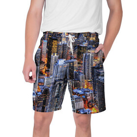 Мужские шорты 3D с принтом Вечерний город в Тюмени,  полиэстер 100% | прямой крой, два кармана без застежек по бокам. Мягкая трикотажная резинка на поясе, внутри которой широкие завязки. Длина чуть выше колен | ночь | огни | пейзаж