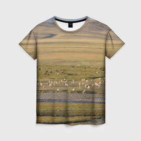 Женская футболка 3D с принтом Долина жизни в Тюмени, 100% полиэфир ( синтетическое хлопкоподобное полотно) | прямой крой, круглый вырез горловины, длина до линии бедер | алтай | горы | долина | камни | пастбище в горной долинеживотные | пески | пустыни | рек