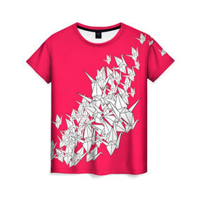 Женская футболка 3D с принтом 1000 Cranes в Тюмени, 100% полиэфир ( синтетическое хлопкоподобное полотно) | прямой крой, круглый вырез горловины, длина до линии бедер | 1000 cranes | cranes | paper | бумага | бумажные | журавли | журавлики | оригами