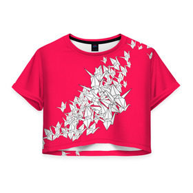 Женская футболка 3D укороченная с принтом 1000 Cranes в Тюмени, 100% полиэстер | круглая горловина, длина футболки до линии талии, рукава с отворотами | 1000 cranes | cranes | paper | бумага | бумажные | журавли | журавлики | оригами